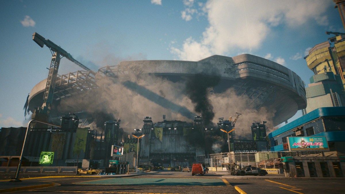 An in game screenshot of the outside of the Dogtown district in Cyberpunk 2077.