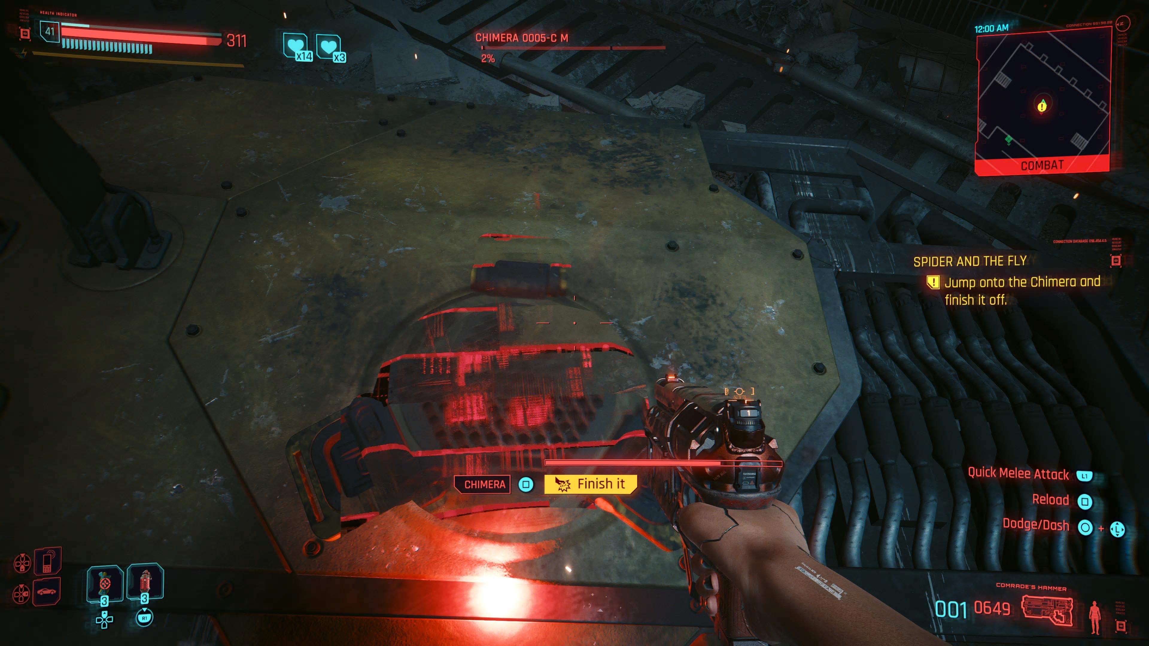 An in game screenshot of the Chimera boss fight from the Cyberpunk 2077 DLC Phantom Liberty. 