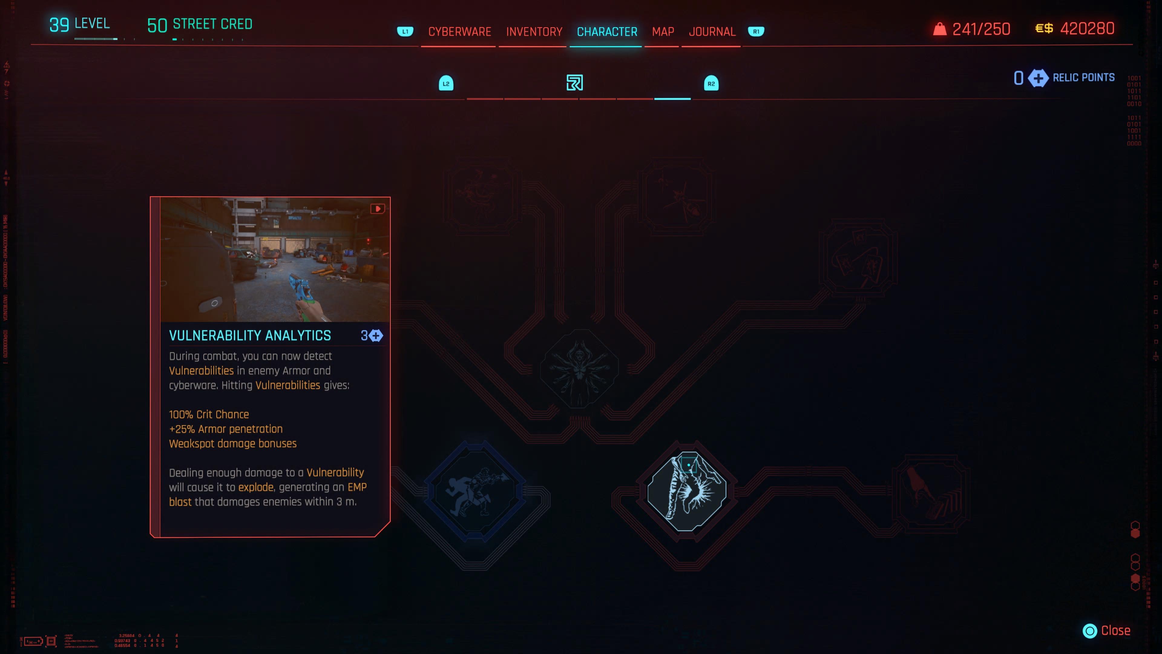An in game screenshot of the Relic Skill Tree menu from Cyberpunk 2077.