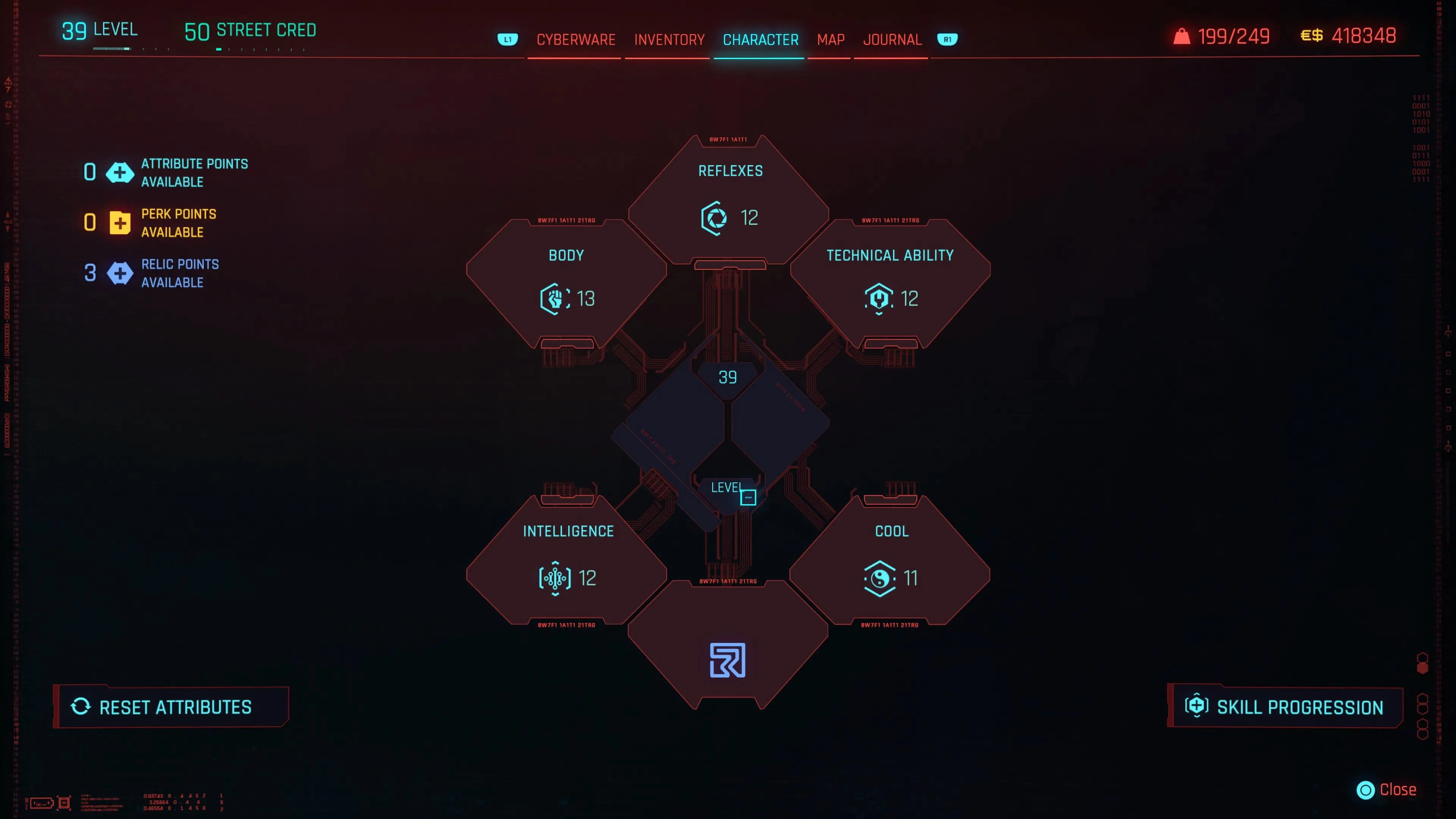 An in game screenshot of the character skills menu from Cyberpunk 2077.