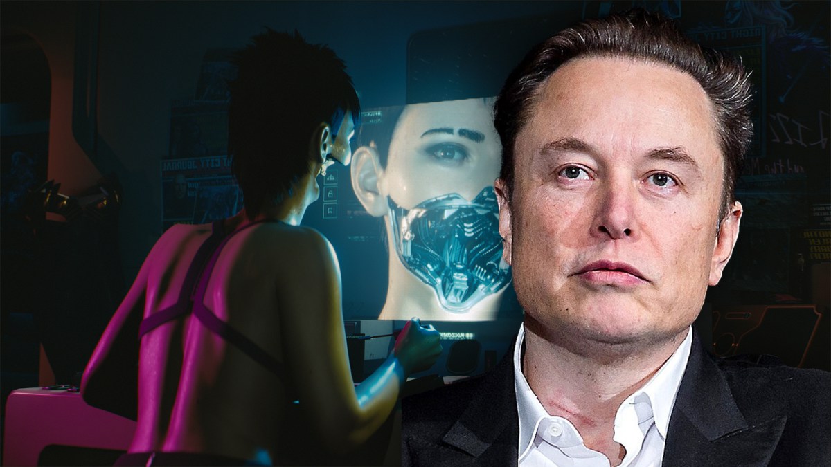 Elon Musk in front of Cyberpunk 2077 keyart
