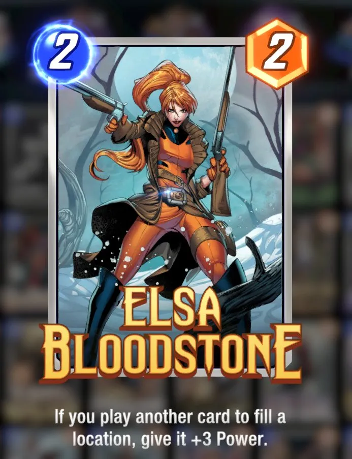 Elsa Bloodstone card, holding her guns and wearing her brown outfit in the middle of a snowstorm. 