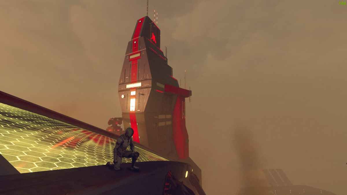 A player crouches on a building, with a highrise in the background piercing the sky in Starfield