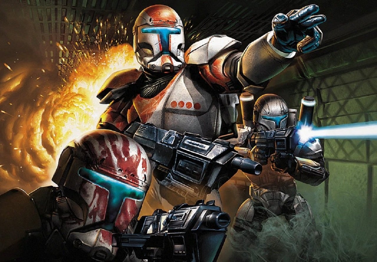 There are Clone Troopers firing as one of the clones orders them to advance. There is an explosion behind them.