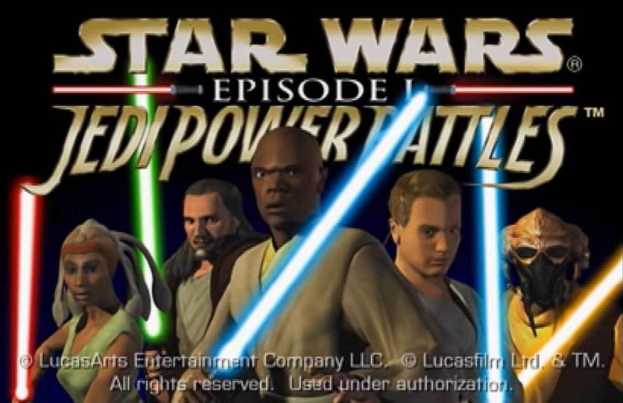 There are five Jedi knights together holding their lightsabers. The title for Jedi Power Battles is behind them.