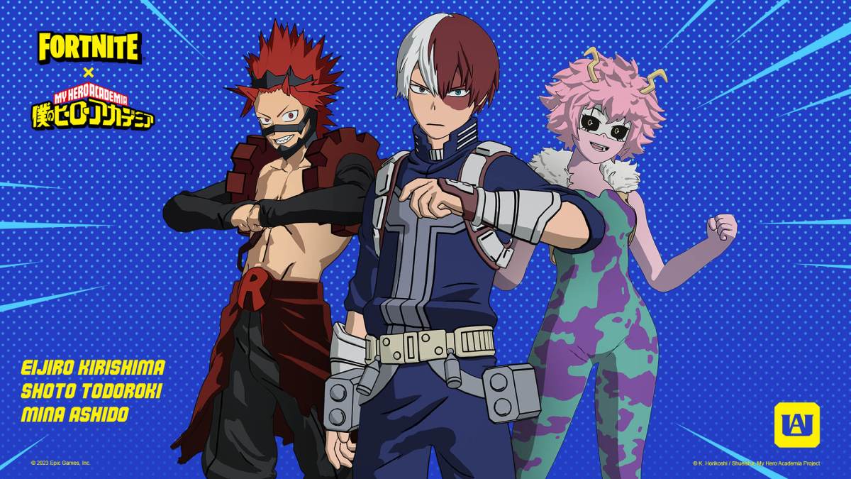 The Shoto Todoroki, Eijiro Kirishima, and Mina Ashido skins in Fortnite.