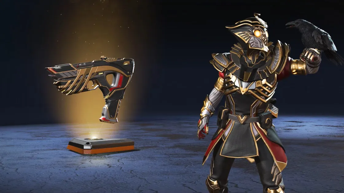  Bloodhound is dressed in a black and gold skin with silver and red accents, with their helmet looking like an owl. Next to them is a black and gold Alternator skin.