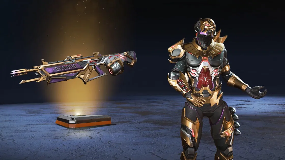 Fuse is dressed in a black, gold, silver, and red skin, wearing a full helmet and armor-like clothing. Next to him is a matching Rampage skin.