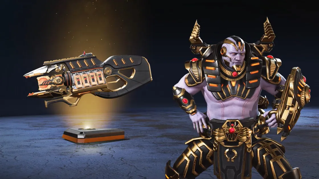 Gibraltar has a bald head, purple skin, and ornamental black and gold armor on his shoulders, legs, forehead, and chin. Next to him is a matching Charge Rifle skin.