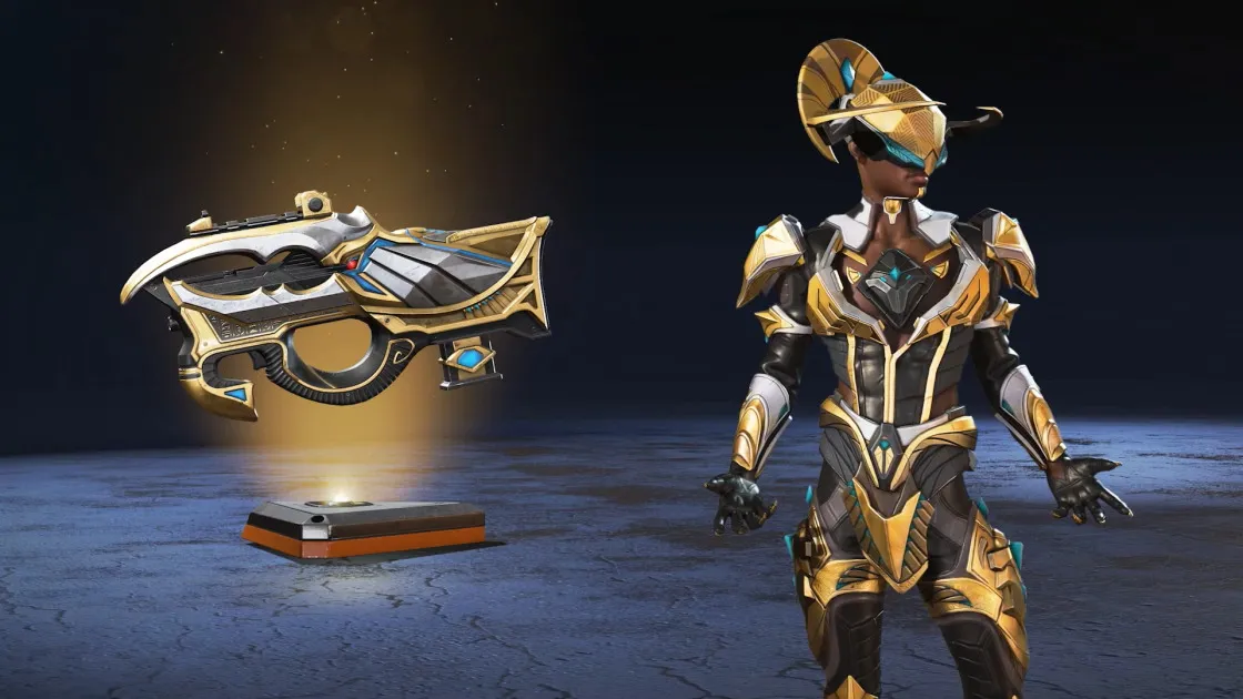 Seer is dressed in a black and gold skin, and wears a helmet that covers the top half of his face with a golden halo around it. Next to him is a matching Prowler skin.