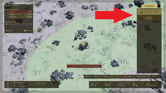 A screenshot from Starfield showing the outpost building mechanic. The camera is zoomed out, showing the surface of a rocky moon. A section of the ground is highlighted in green to show the resource He-3's location.