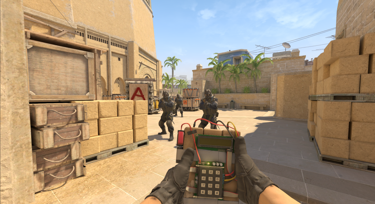 A CS2 player stands in front of three bots with the C4 in hands.