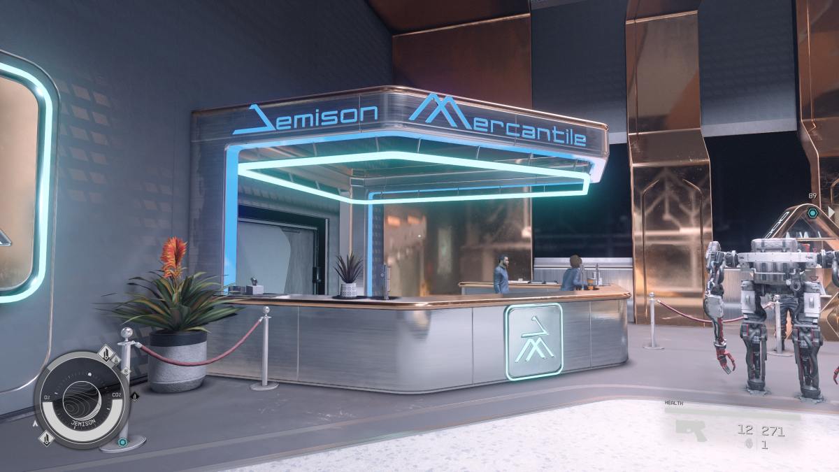 An in-game shot of Jemison Mercantile, one of the vendors found in New Atlantis in the space opera RPG Starfield.