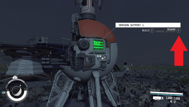 An outpost beacon in Starfield, which—resembles a half-red, half-white buoy— in front of machinery. A menu shows up, giving the player the option to Build or Rename the outpost.
