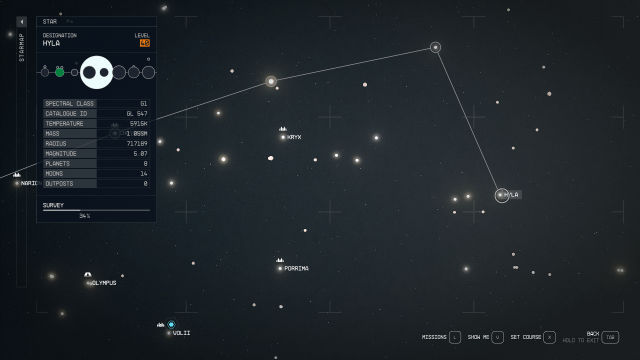 Image of the star map in Starfield, showing the Hyla System.