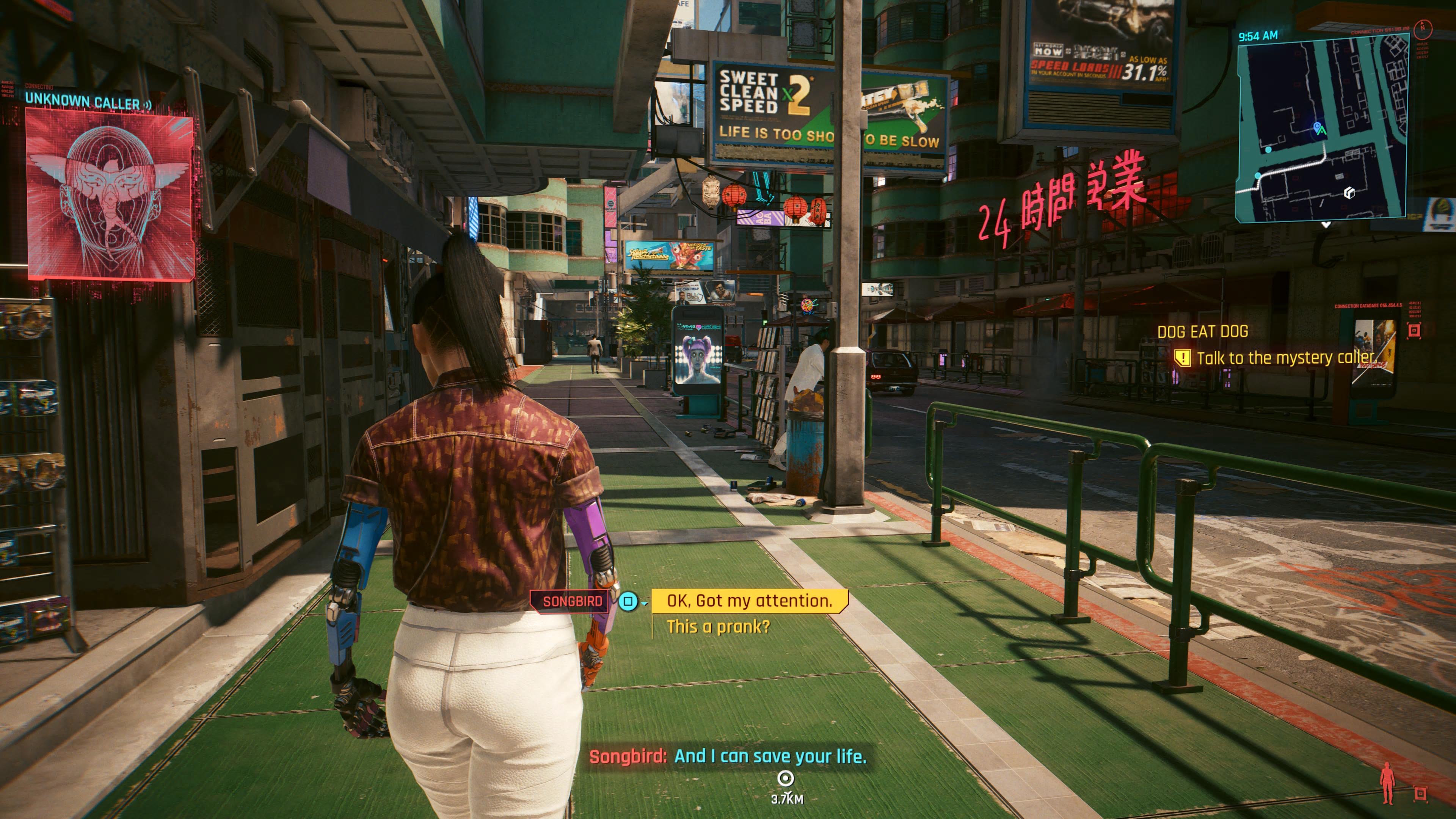 An in game screenshot of a mysterious call from the game Cyberpunk 2077.