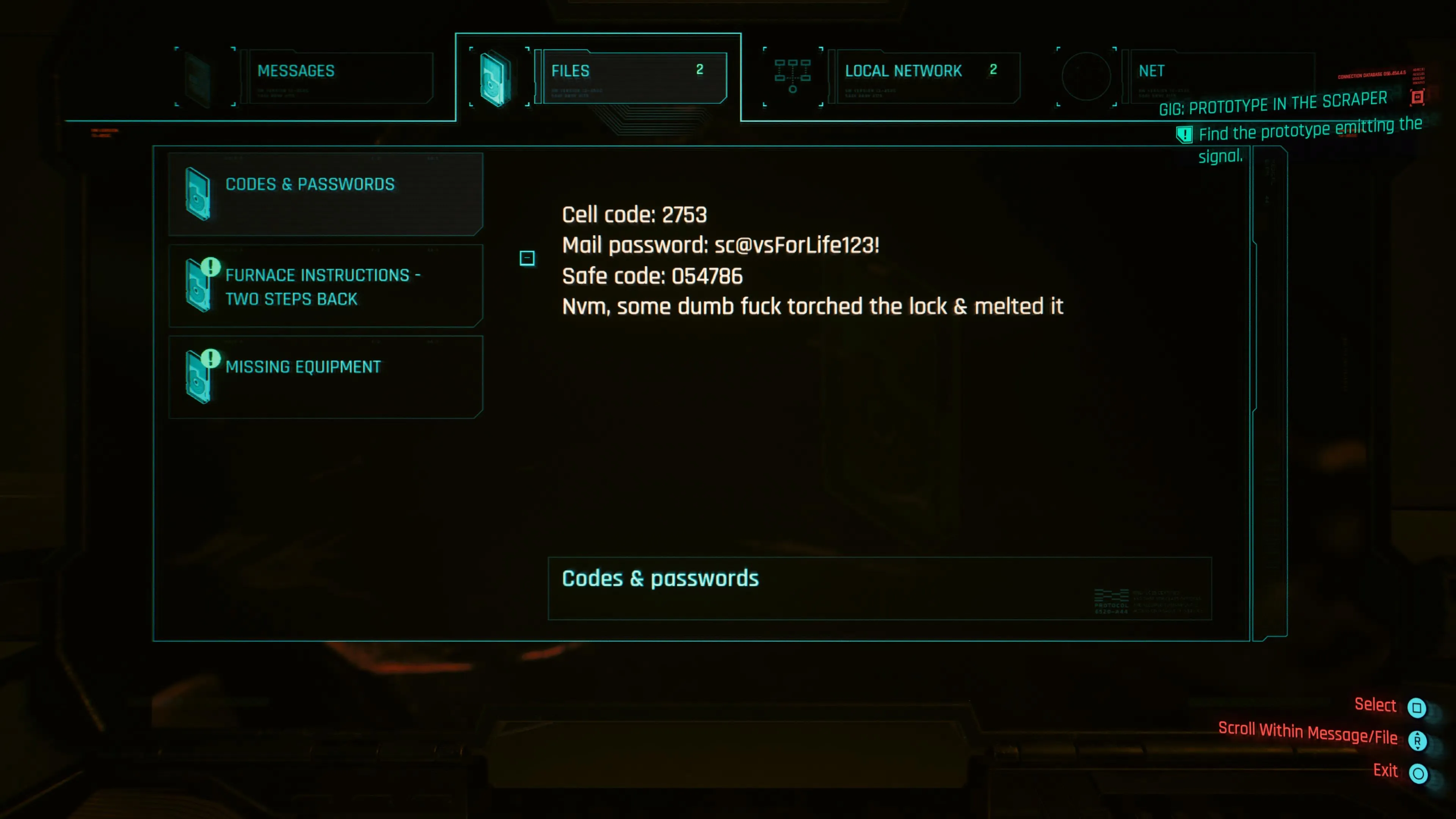 An in game screenshot of the Codes and Passwords computer file from the game Cyberpunk 2077. 