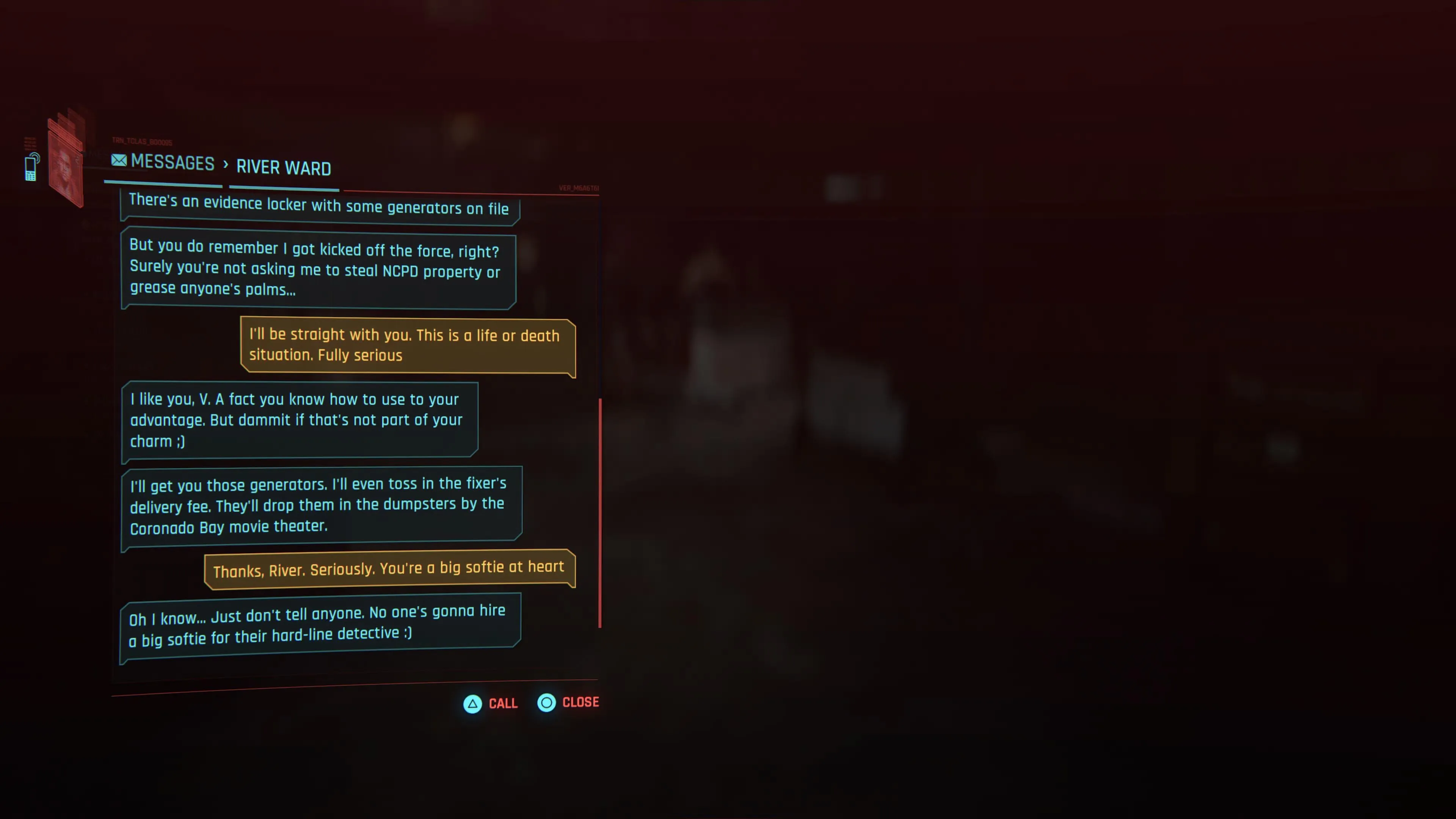 An in game screenshot of a text conversation between River and V in the game Cyberpunk 2077. 