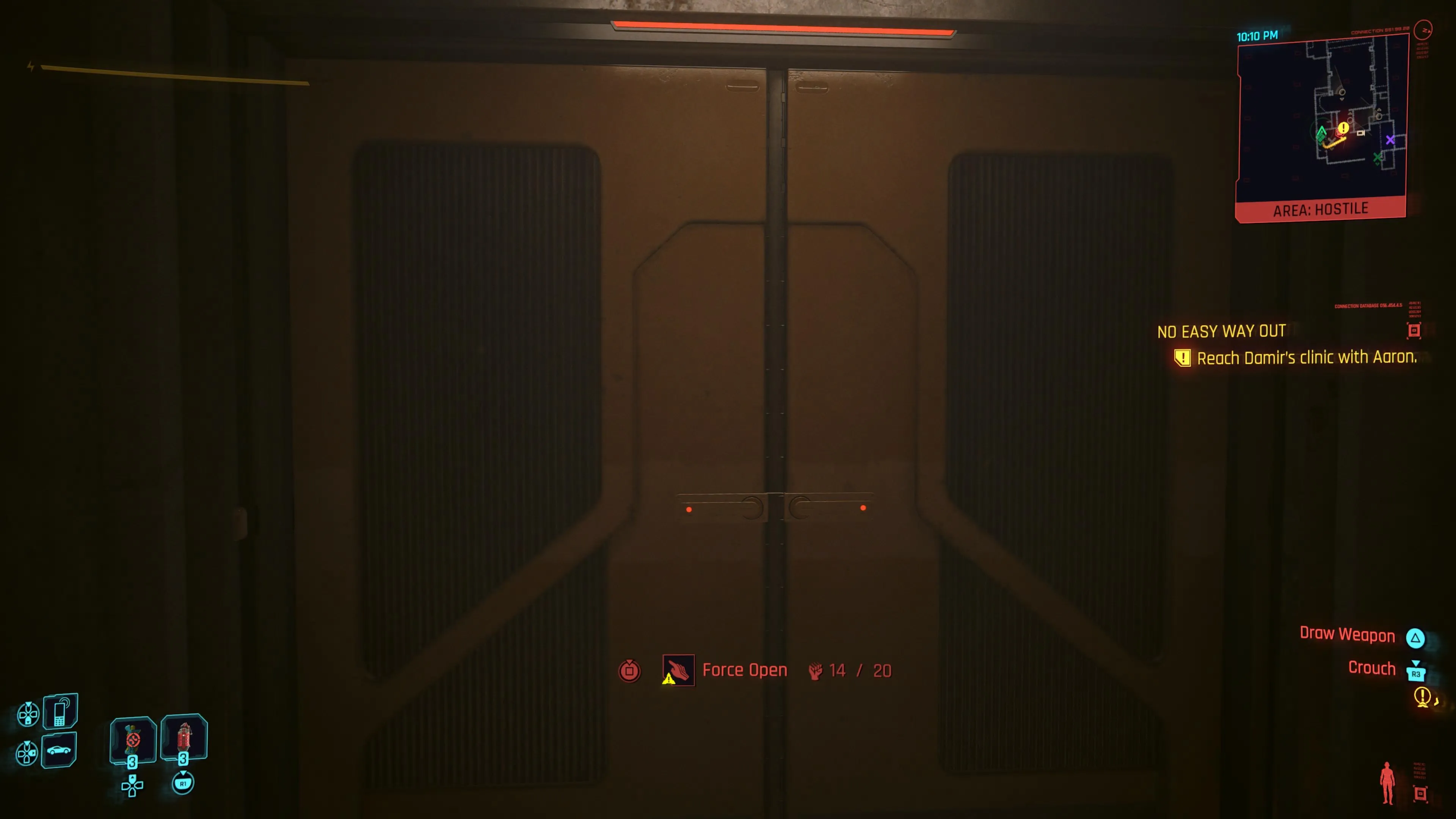 An in game screenshot of a door opened with a certain amount of strength points from the game Cyberpunk 2077. 