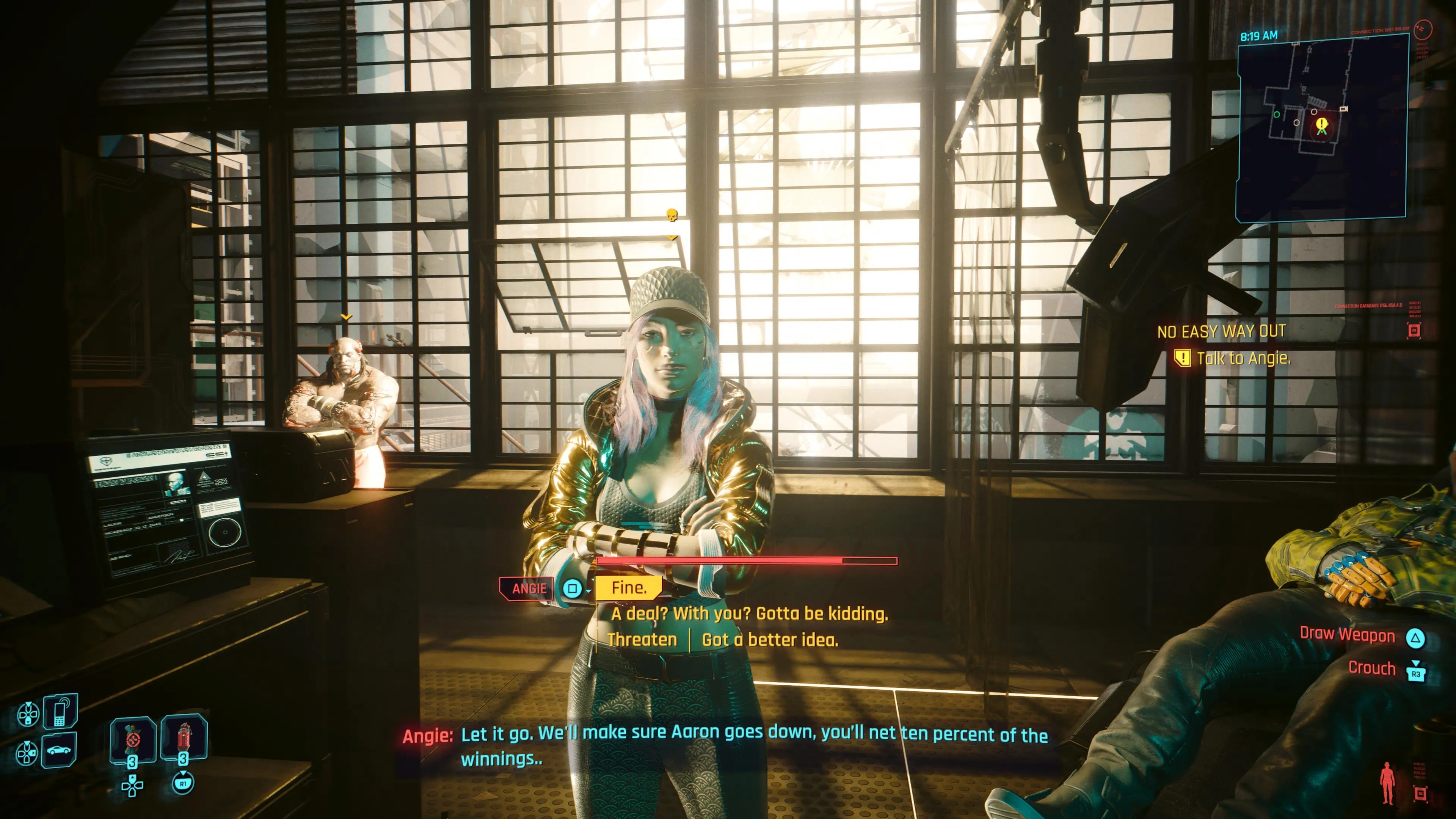 An in game screenshot of the characters Angie and Aaron from the game Cyberpunk 2077. 