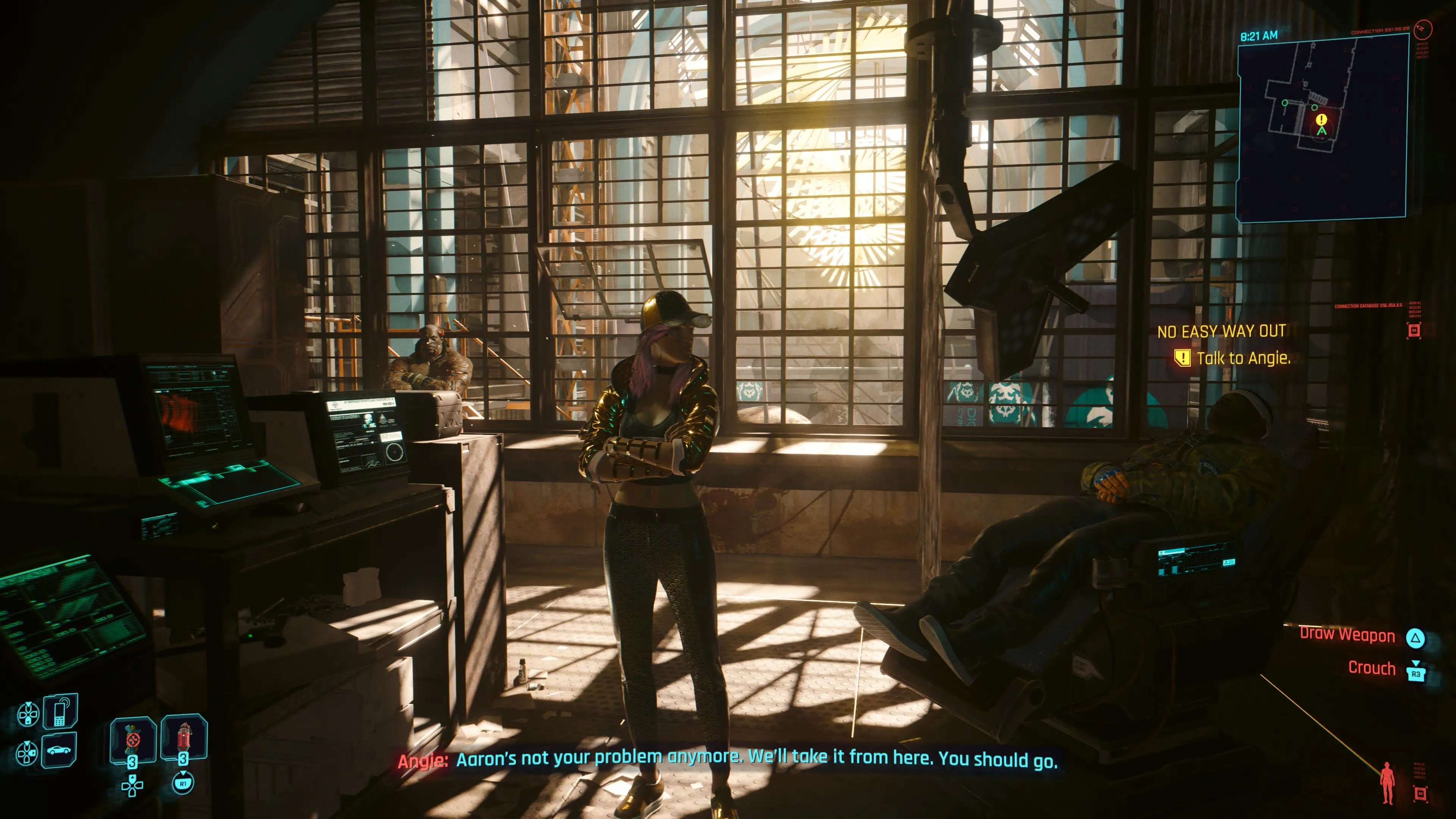 An in game screenshot of the characters Angie and Aaron from the game Cyberpunk 2077. 