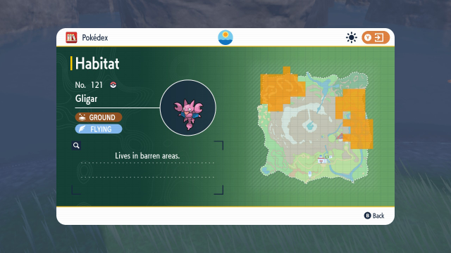 A screenshot from Pokémon Scarlet and Violet The Teal Mask DLC showing a Pokedex map of Kitakami Island. Certain areas are highlighted yellow.