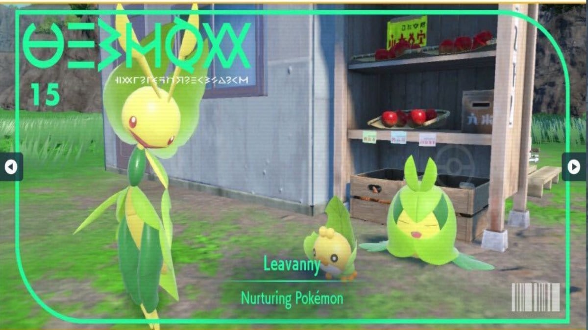 A screenshot of Leavanny from the Pokedex in Pokemon Scarlet and Violet The Teal Mask DLC.