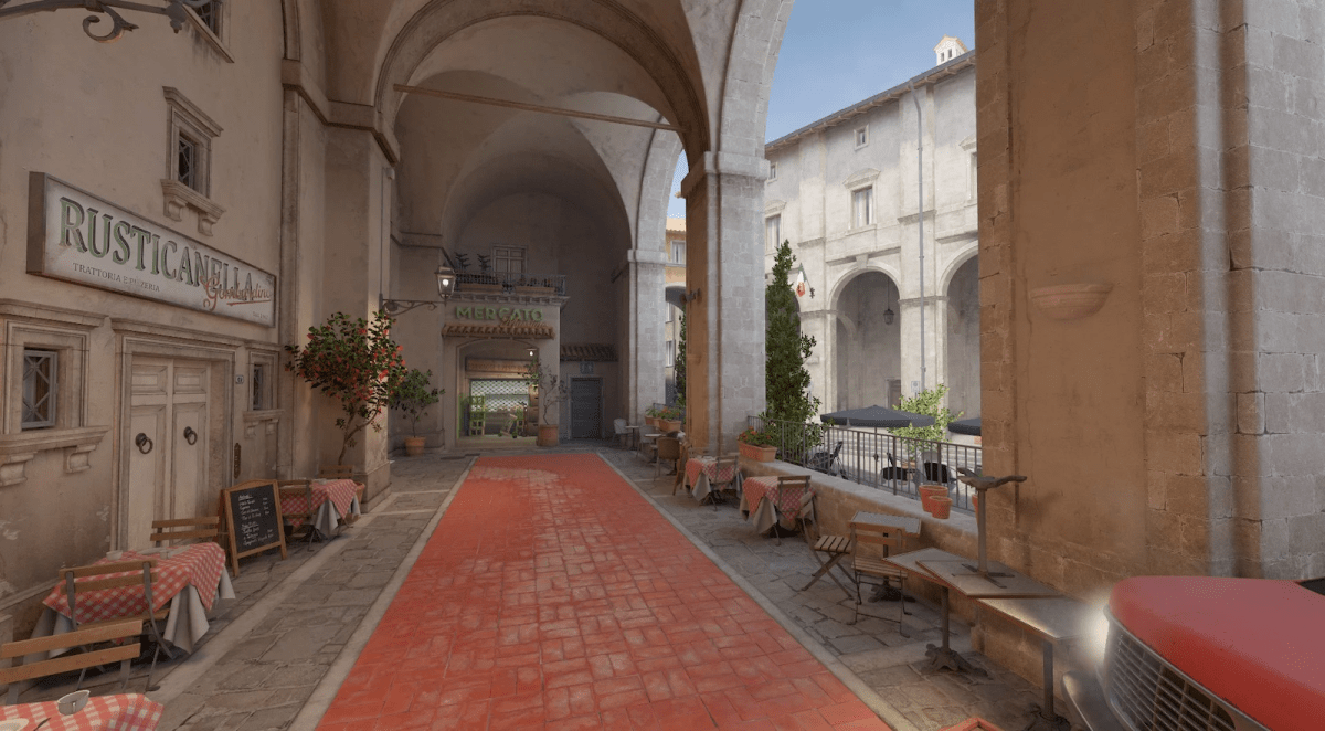 Inferno CS2 T spawn with italian architecture, long red rug, and store to the left
