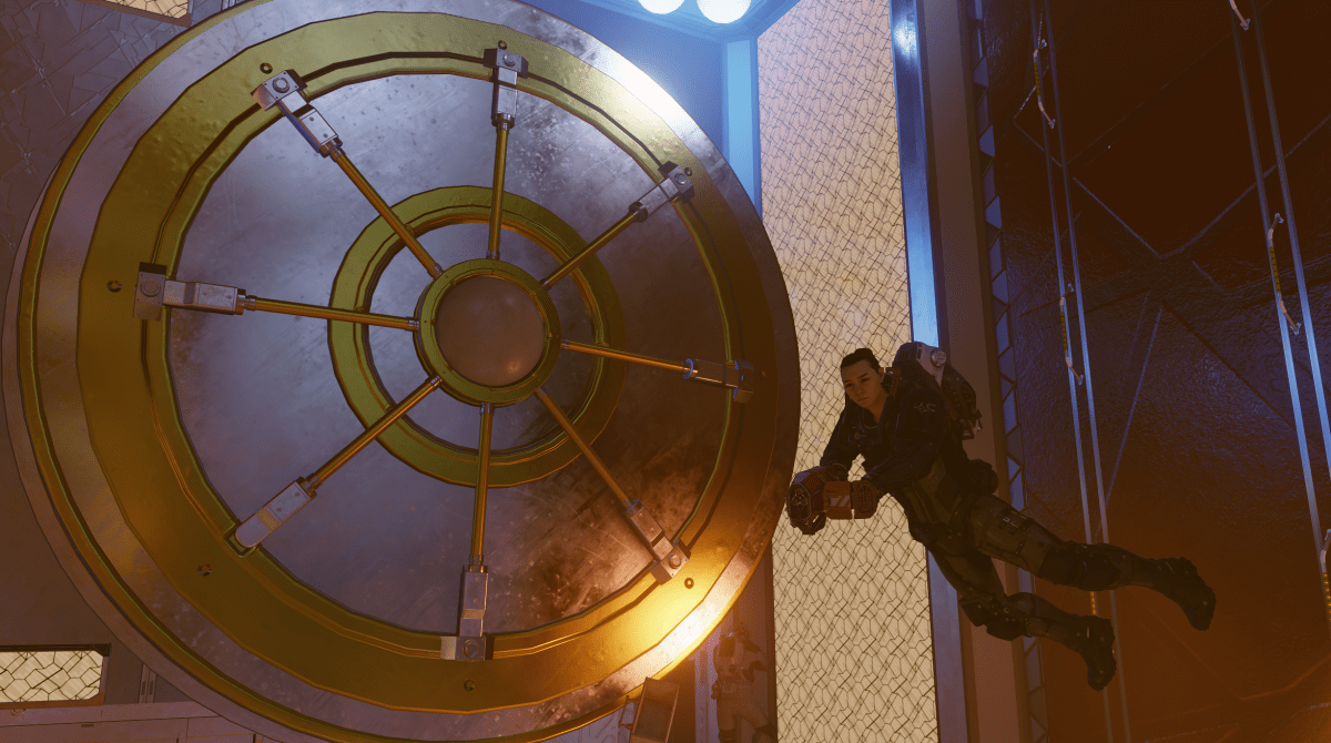 The player character in Starfield floats in front of a circular gold door that resembles a safe door.