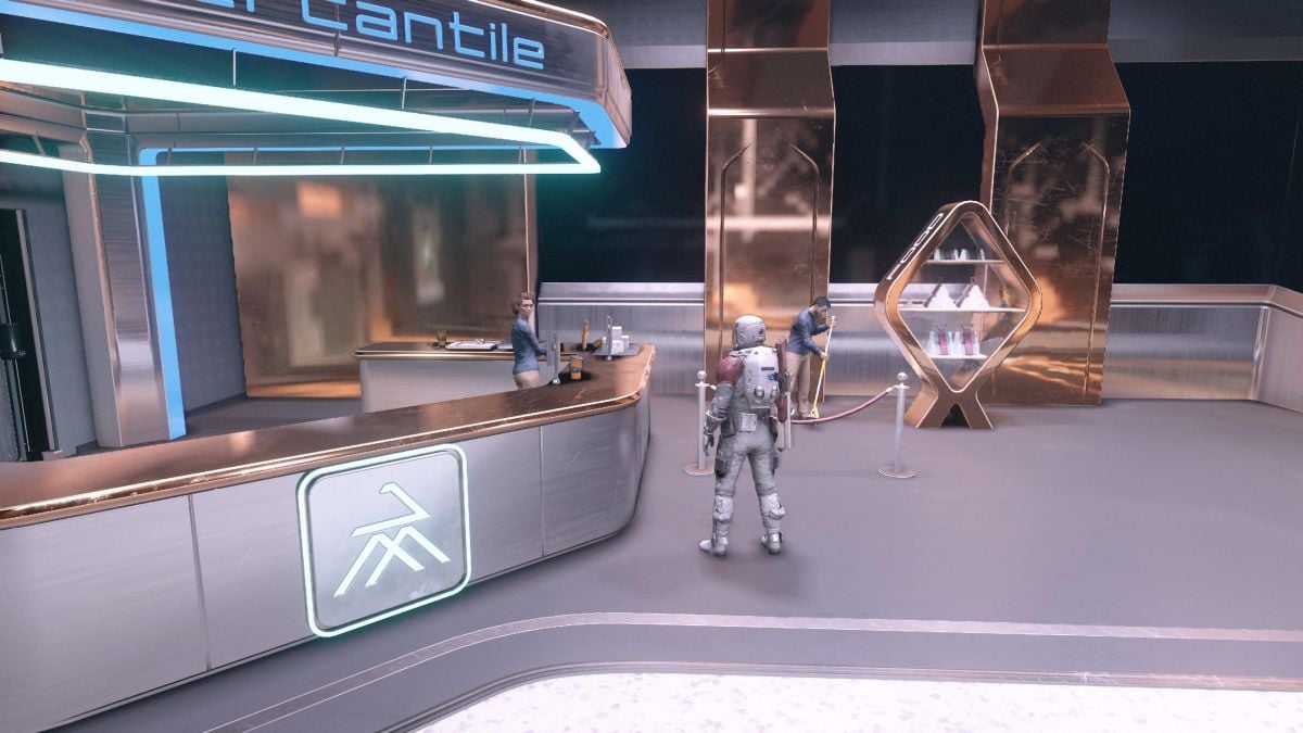 Starfield player standing in the Jemison Mercantile store.