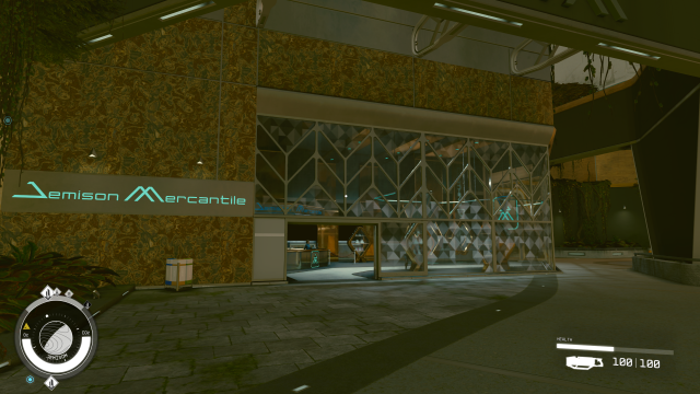 A screenshot from Starfield showing the outside of the Jemison Mercantile, a shop in New Atlantis. A green sign shows the store's logo to the left of the store's glass windows.