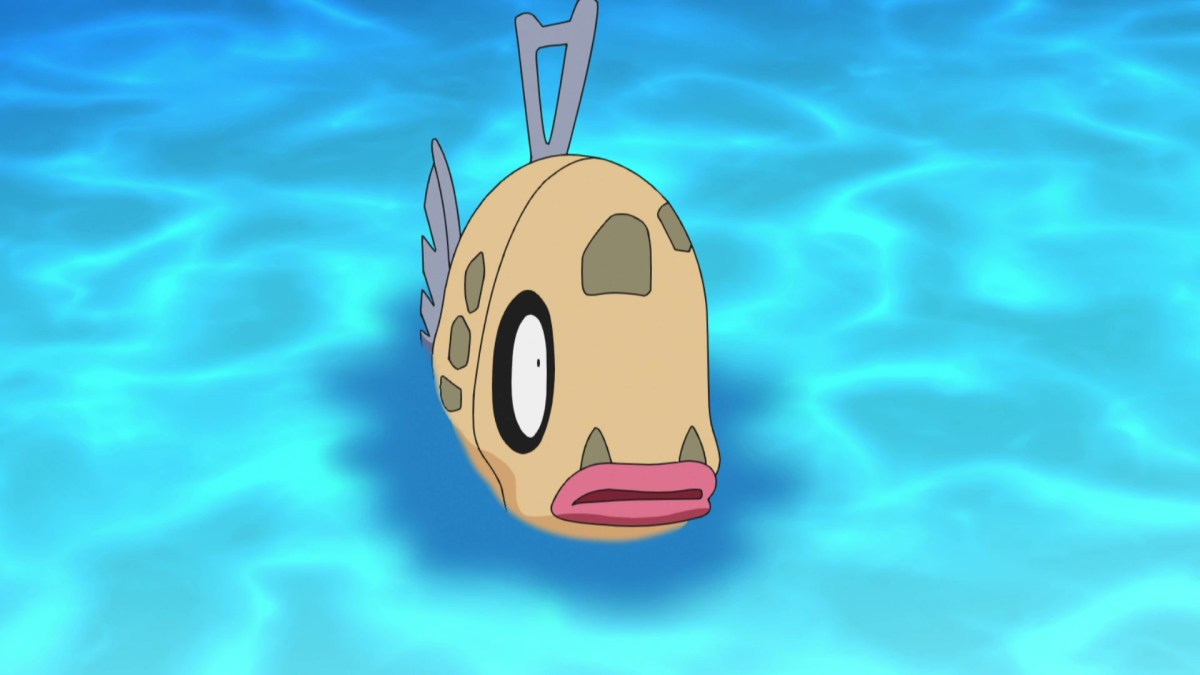 A Feebas in the Pokemon anime swimming in water.