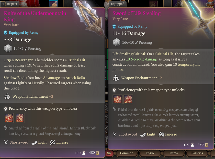 A screenshot of the tooltips for Knife of the Undermountain King and Sword of Life Stealing.