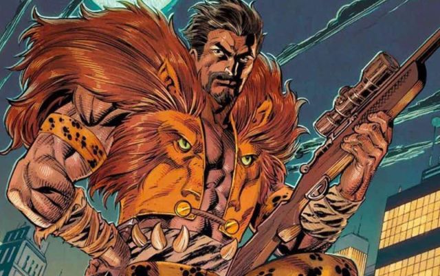 Kraven in the comics, wearing his lion-designed coat and holding his rifle