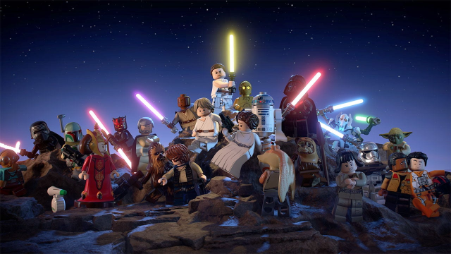 Lego Star Wars Skywalker saga 2022 with all the jedi and sith holding lightsabers on a rock.