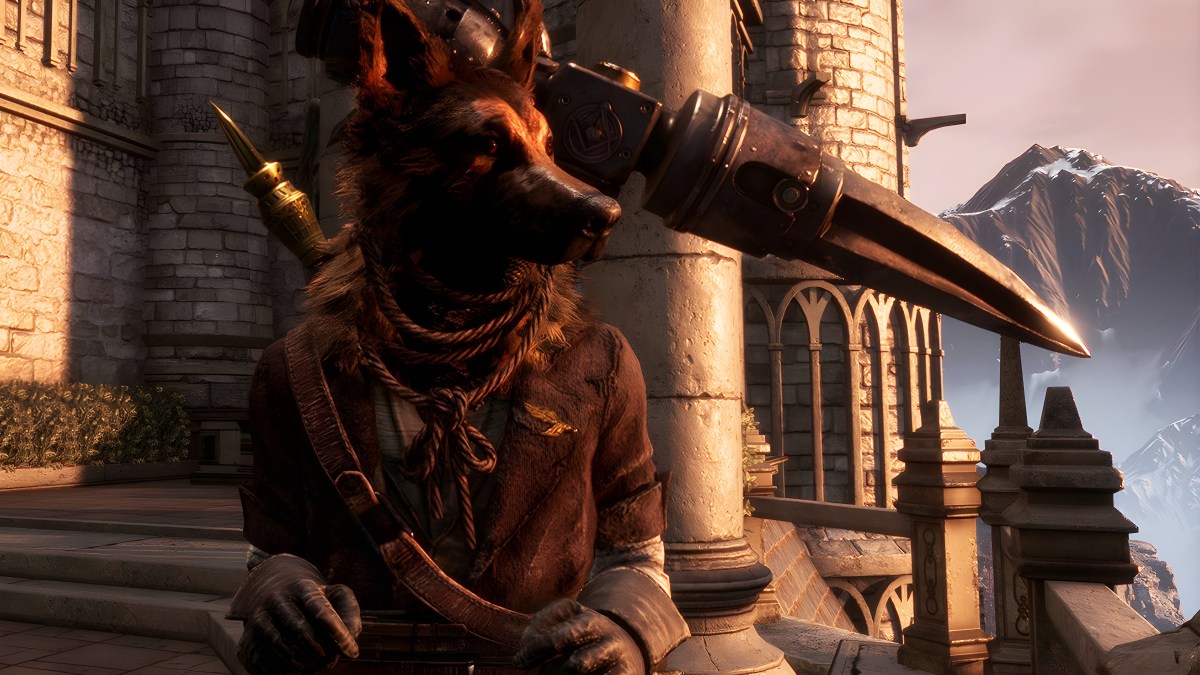 Alidoro, a character wearing a dog mask, looking over a balcony in Lies of P