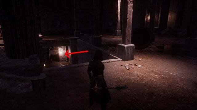 An arrow pointing to a hidden staircase in Lies of P