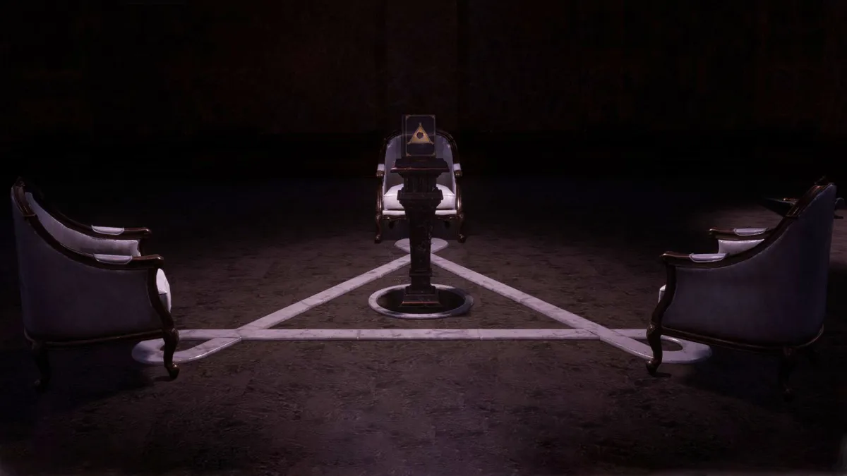 A Trinity Room in Lies of P; three chairs at the points of a triangle with a podium in the middle