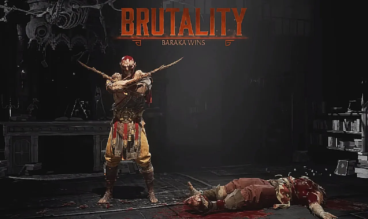 There are the words Brutality above Baraka after he decapitates an opponent.