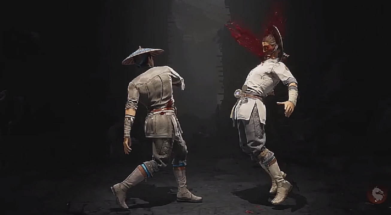 There is a shot of Raiden uppercutting his opponents head off. The area behind them is dark.