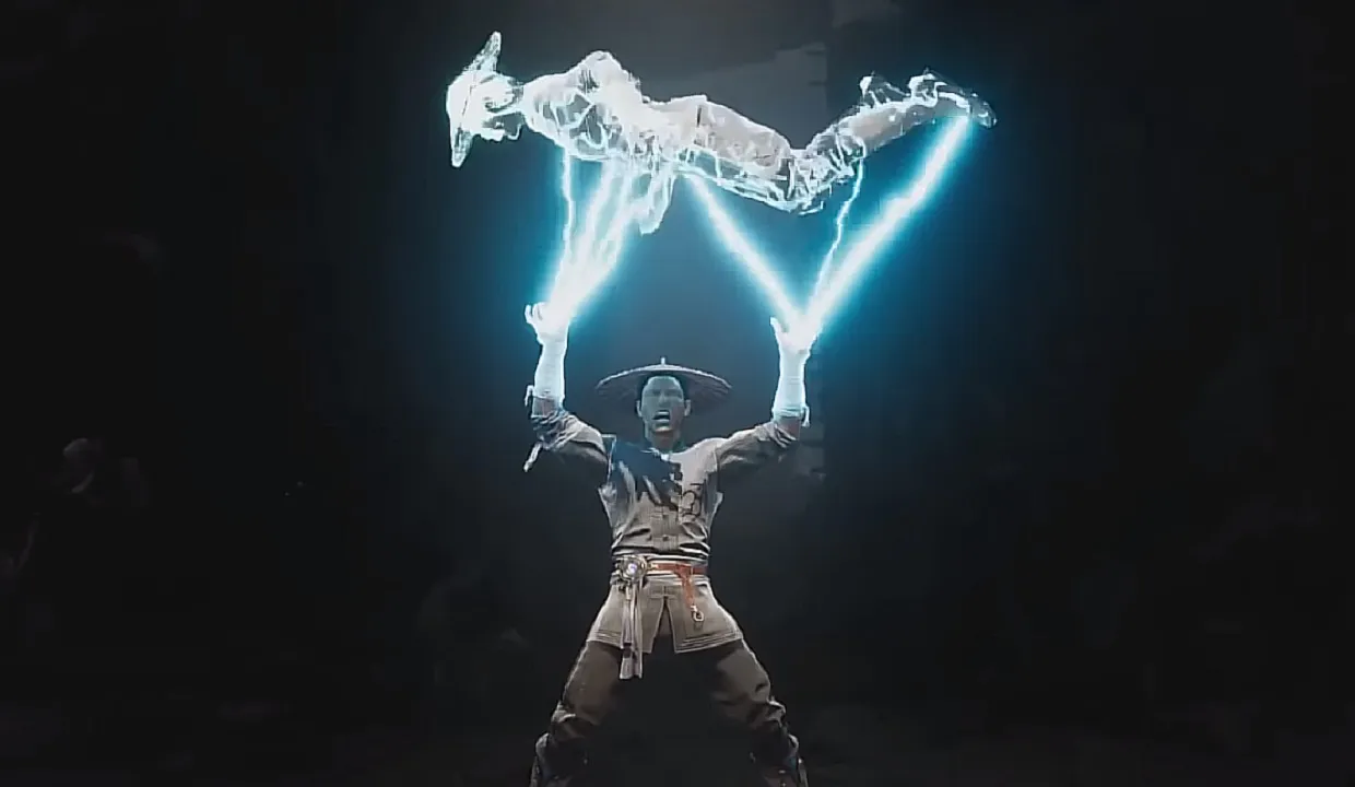 There is a shot of Raiden electrocuting someone above his head. The surrounding area is dark. 