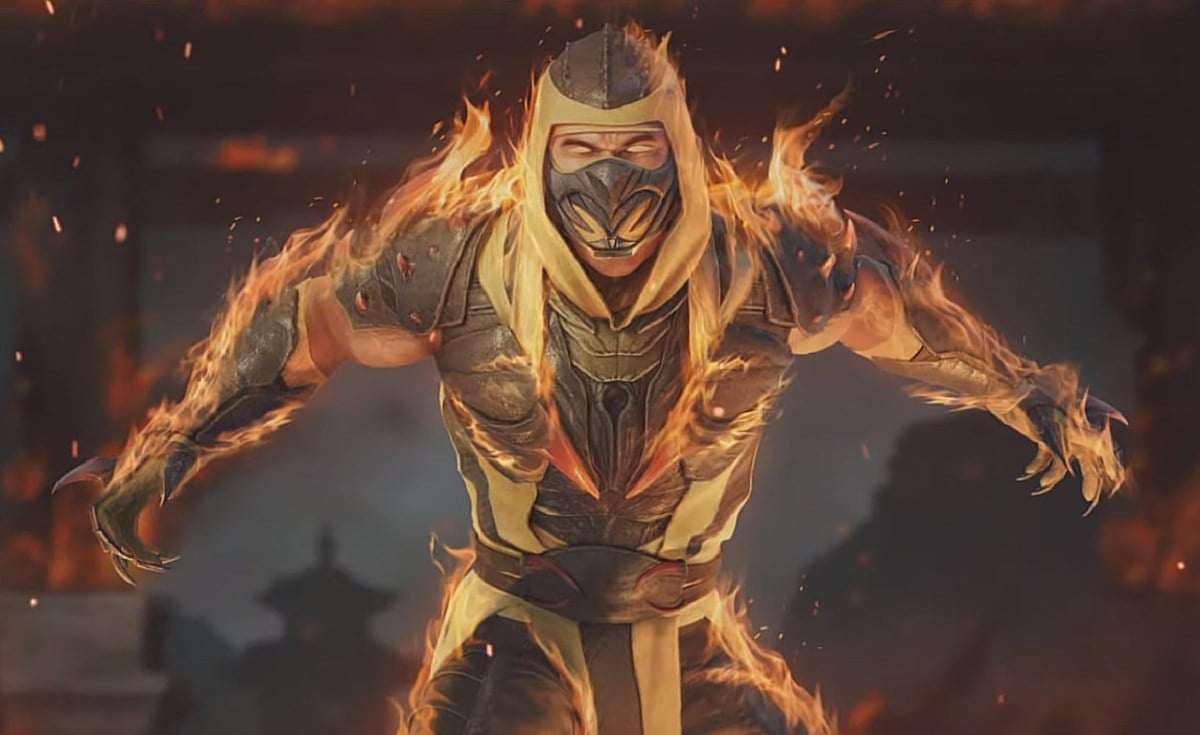 There is a shot of Scorpion looking at the viewer. He is covered in flames and looks mad.