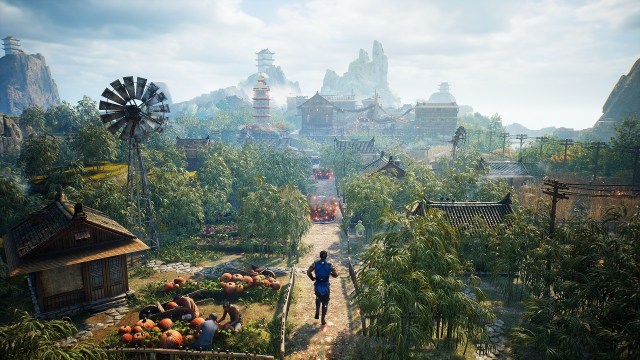 A player character runs down a pathway surrounding by farmland and forest with a misty town in the distance in Mortal Kombat 1.