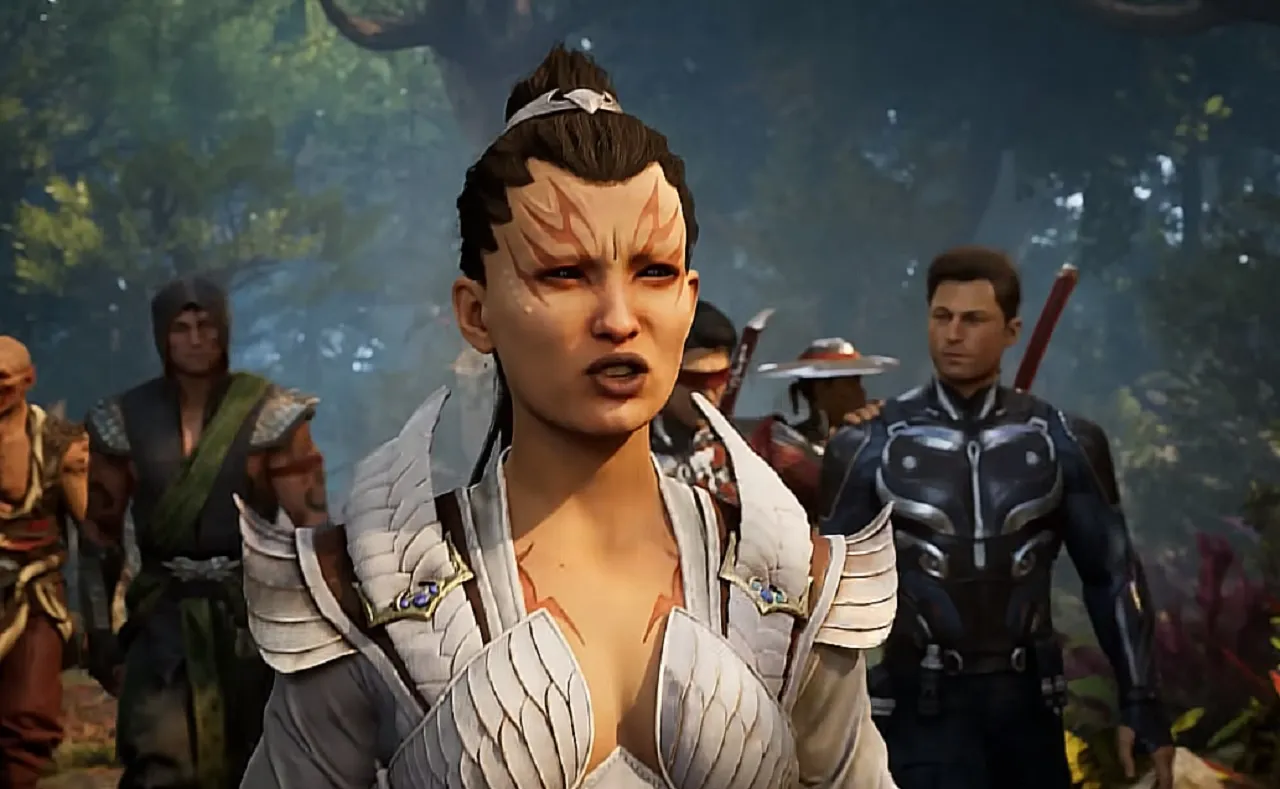 The character Ashrah is standing in the center, with allies standing behind her. Johnny Cage and Reptile walk behind her.