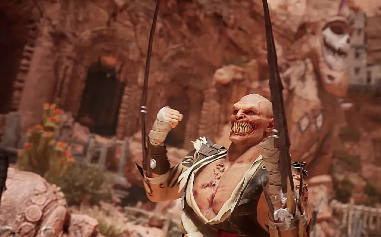 Baraka is pulling out his sword arms. There are cliffs behind him.
