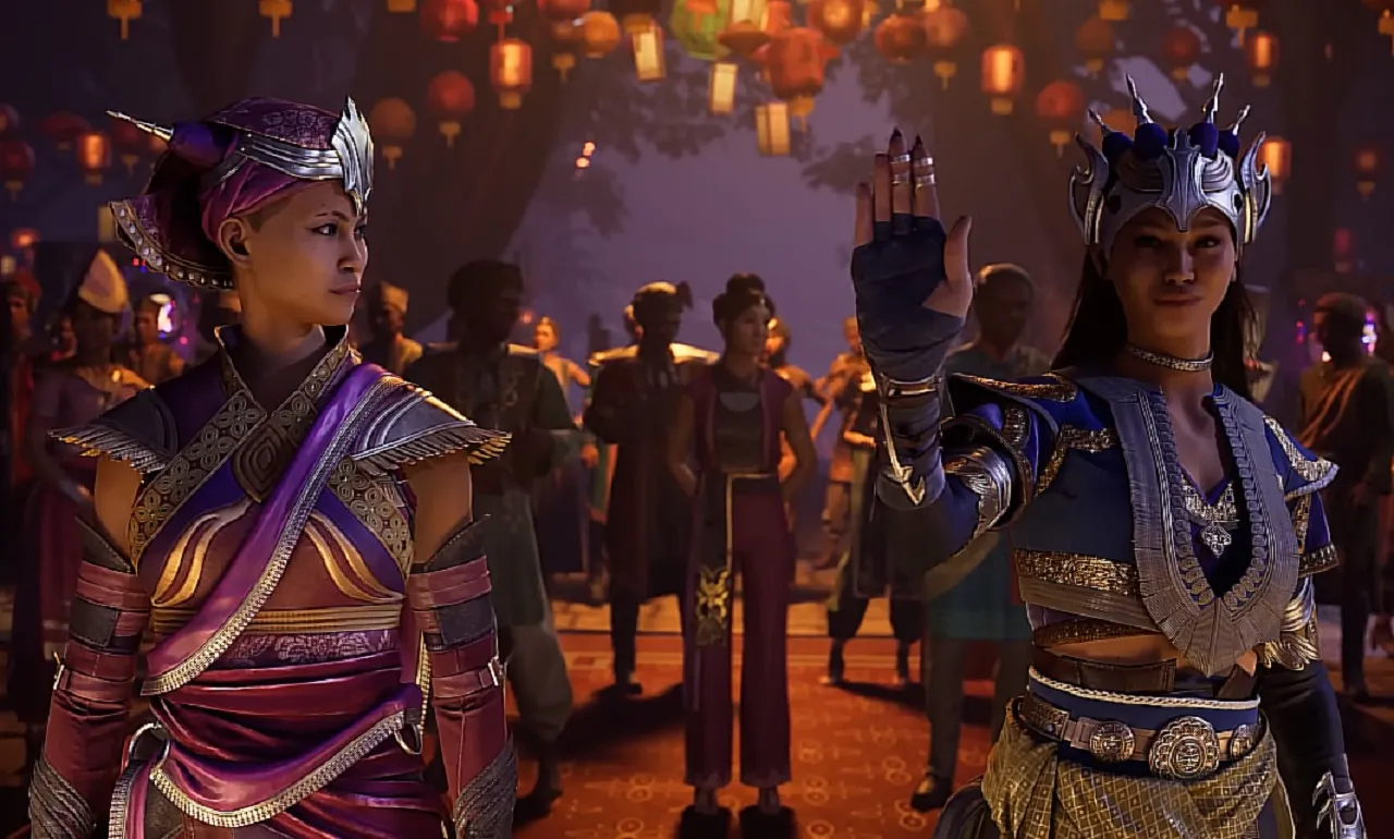 There is a shot of Mileena and Kitana in festival clothes. There are people behind them as Kitana waves to the kingdom's subjects.