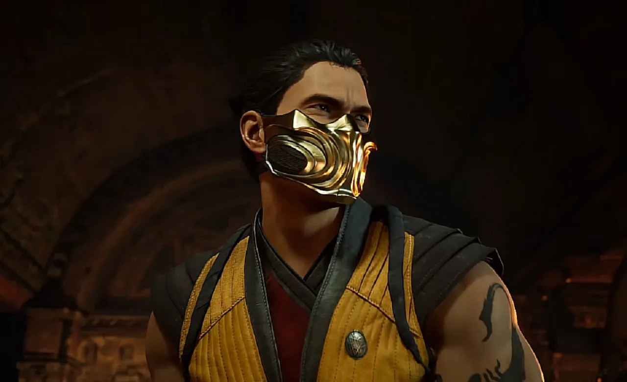 Scorpion is shown looking at someone off-screen. His outfit is yellow and mask is gold.