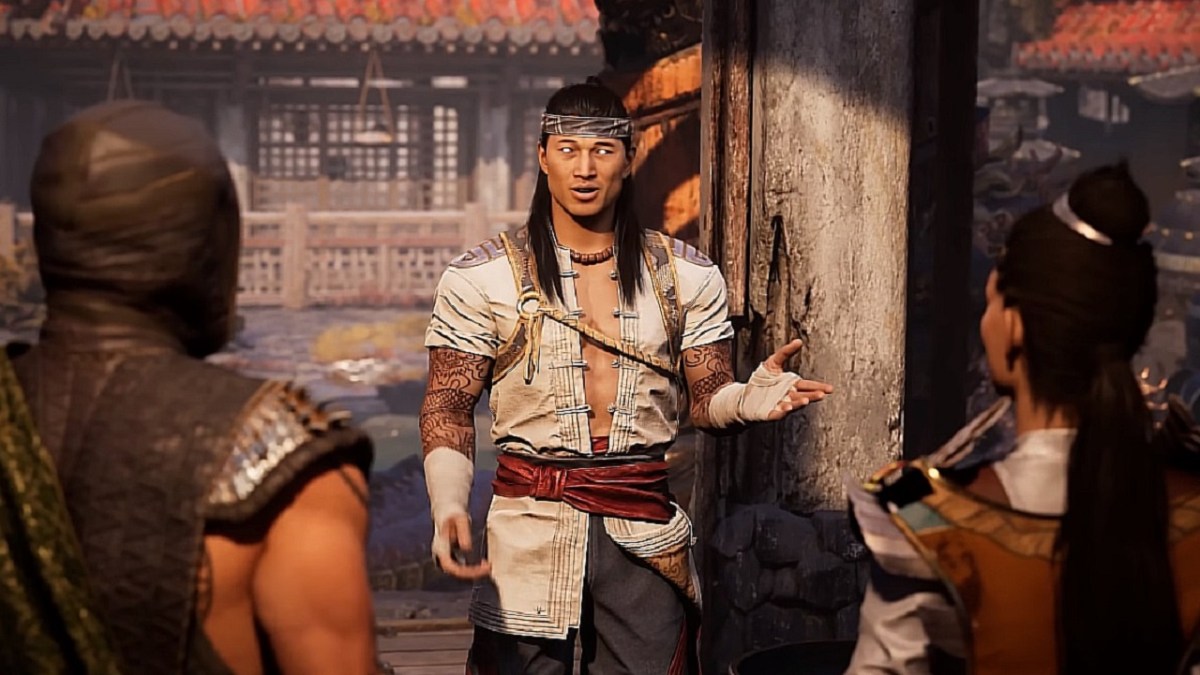 Liu Kang is shown speaking to Earthrealm warriors. They are in a small town.