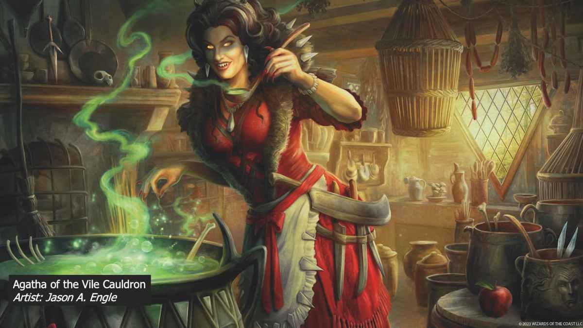 Image of witch standing over cauldron in MTG Agatha of the Vile Cauldron Wilds of Eldraine
