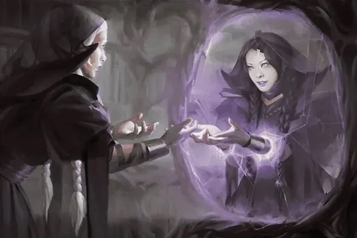 Image of older woman looking at younger self through mirror in MTG Beseech ...